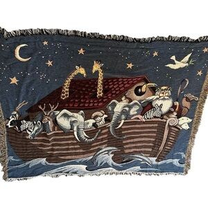 Vtg Woven Throw Blanket Noahs Ark Animals Fringed 65”x50”